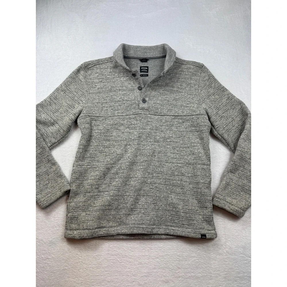 Prana Polartec Fleece Pullover Men Large Grey Heathered Button Mock Neck Sweater